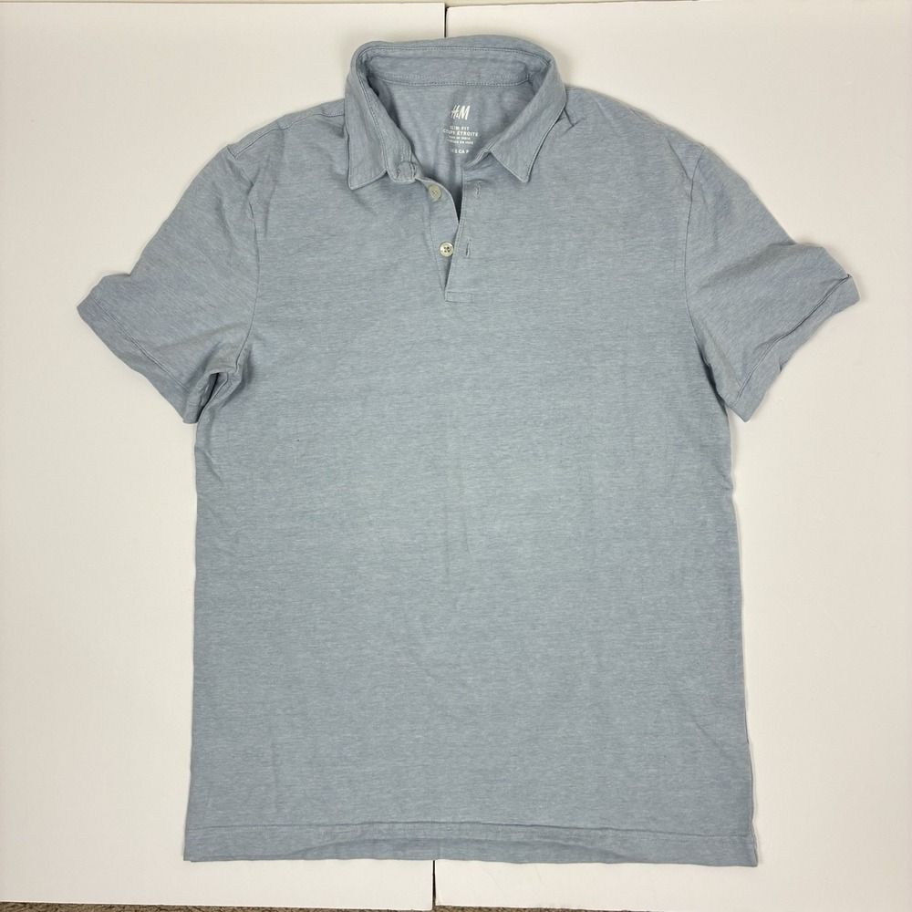 H&M Polo Shirt Men's Small Slim‎ Fit Light Blue Short Sleeve Cotton Casual Shirt